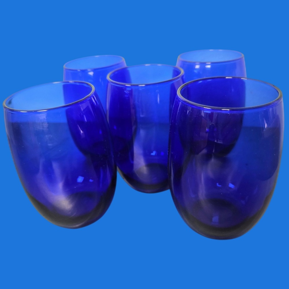 Vintage Stemless Wine Glasses Set of 5 Cobalt Blue